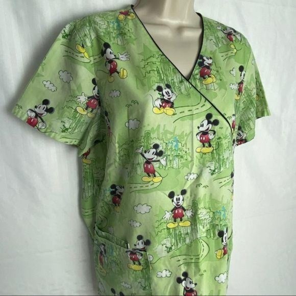 4/$25 Disney Mickey Mouse Scrub Top Cityscape Green Women's Small - Picture 3 of 8